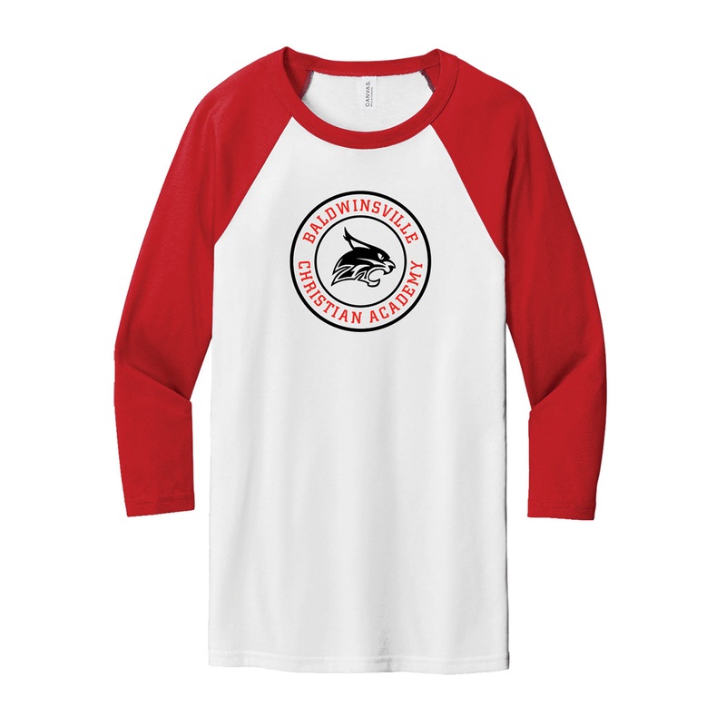 BCA 3/4 Sleeve Baseball Tee|XS|S|M|L|XL|2XL|Black/White|Red/White|Gray/White